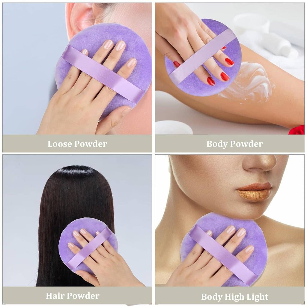Lavender round velour makeup puff with light-lavender center strap, held on face