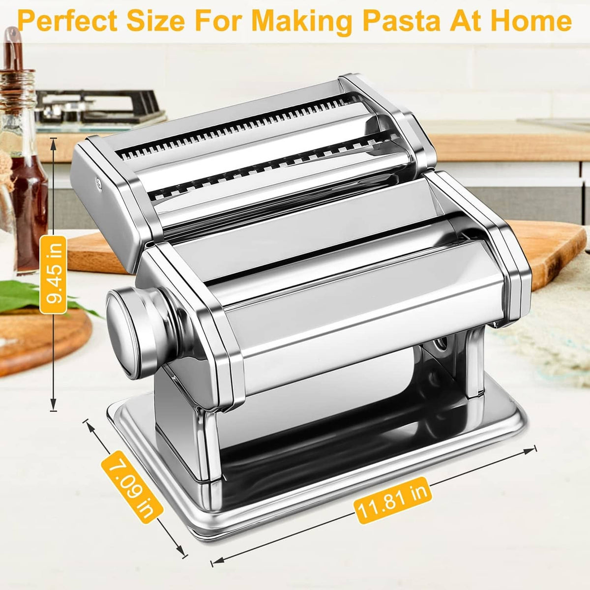Silver 3-in-1 manual pasta maker with crank handle and adjustable rollers
