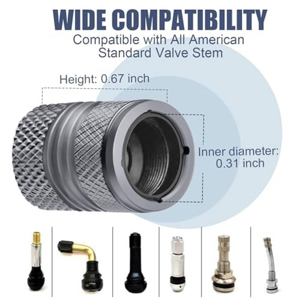 Grey tire valve stem cap with textured grip and inner threads on a valve stem