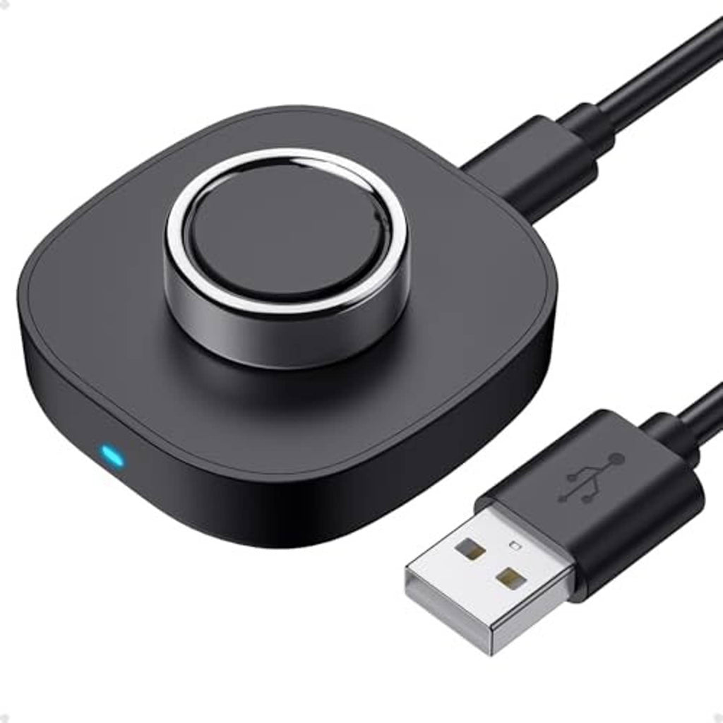 Black charging dock with round top, USB-A plug, and small blue status light