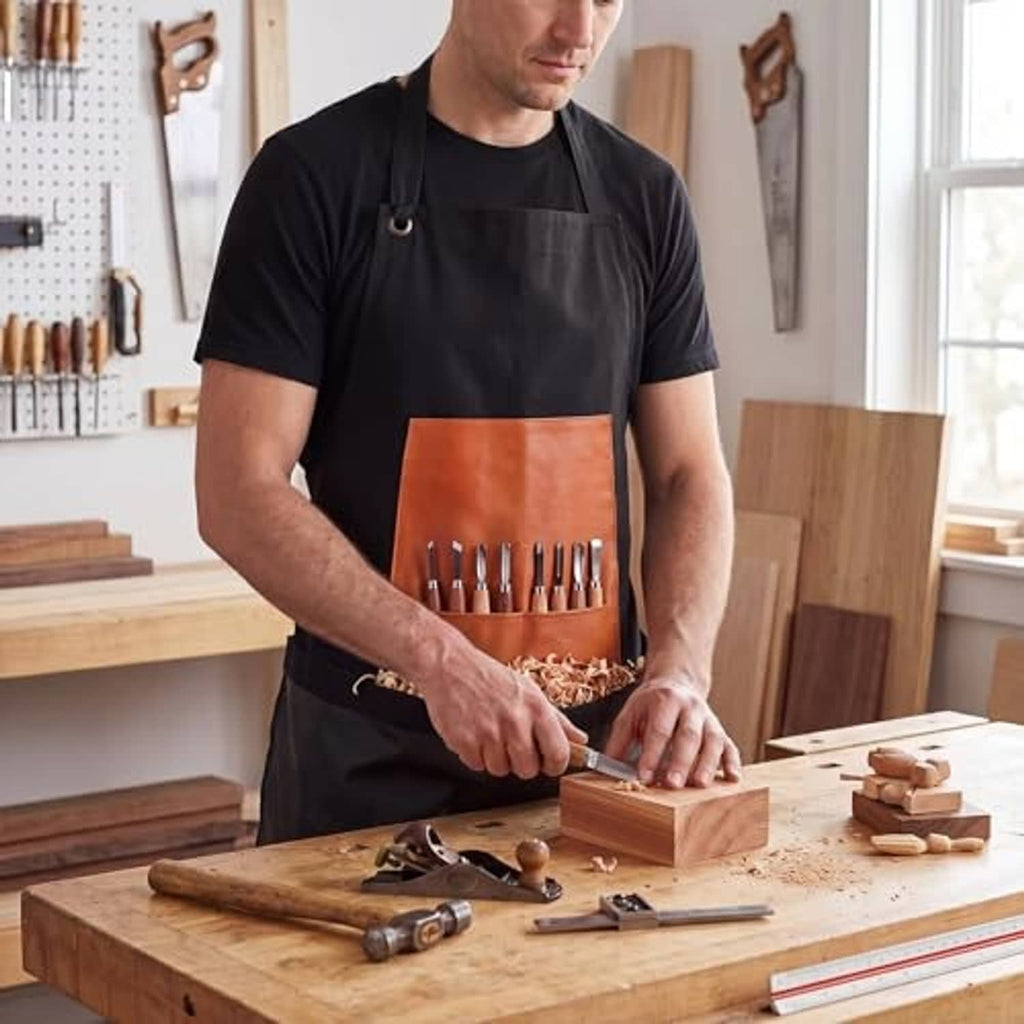 Woodworking carving apron, black with orange chip-catching panel and tool slots