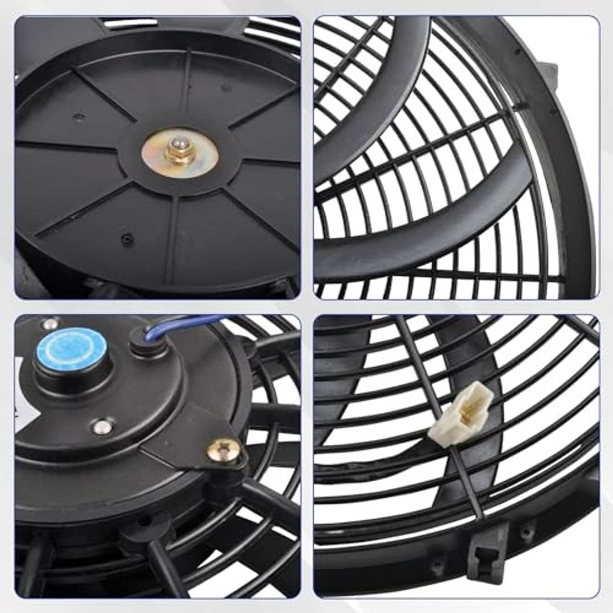 Close-up details of black fan blades, grille, and central motor hub