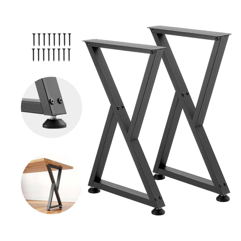 Black steel X-frame table legs, two-piece set with leveling feet and mounting screws