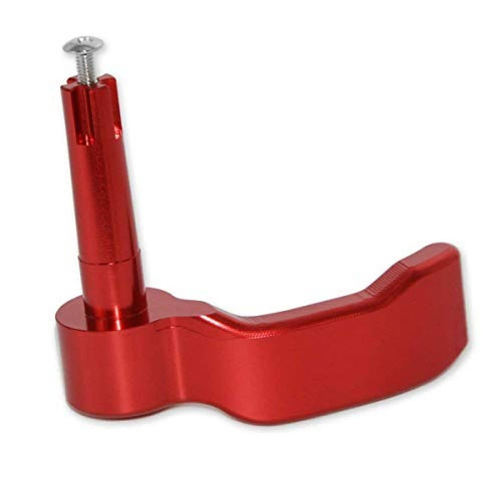 Red aluminum thumb throttle lever with mounting screw, curved handle shape.