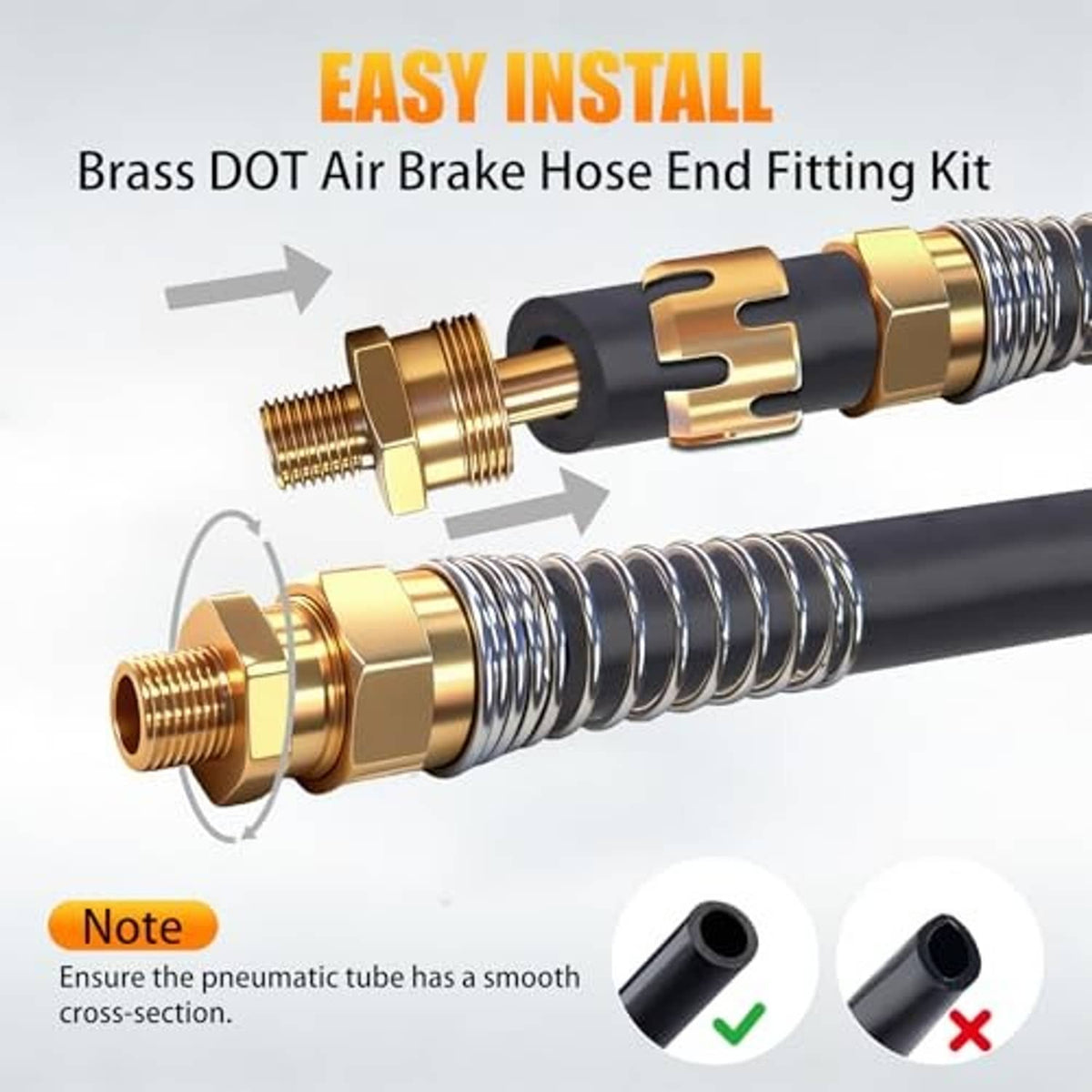 Brass DOT air brake hose end fitting kit with coiled spring and threaded hose connection ends