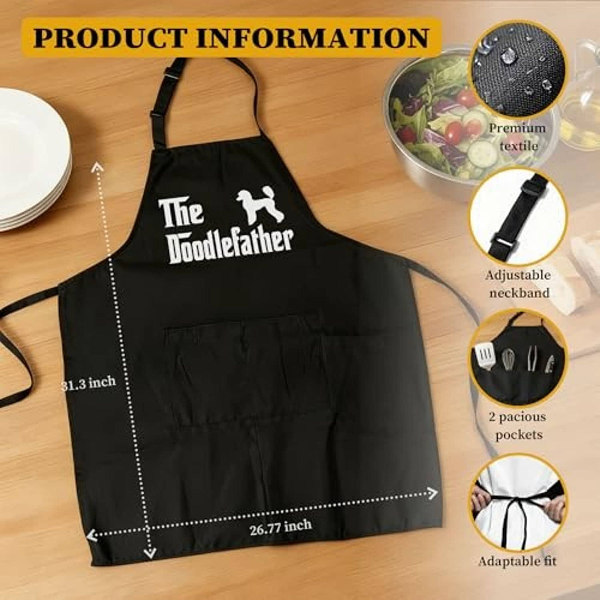 Black “The Doodlefather” apron with adjustable neck strap; two front pockets and utensil print