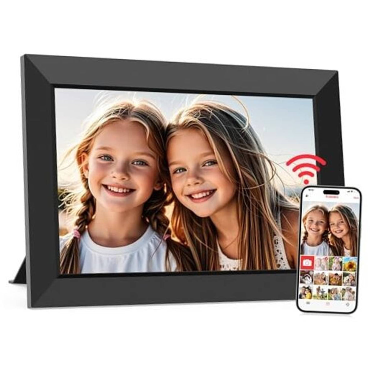 Black 10.1 inch digital picture frame showing photo of two smiling kids