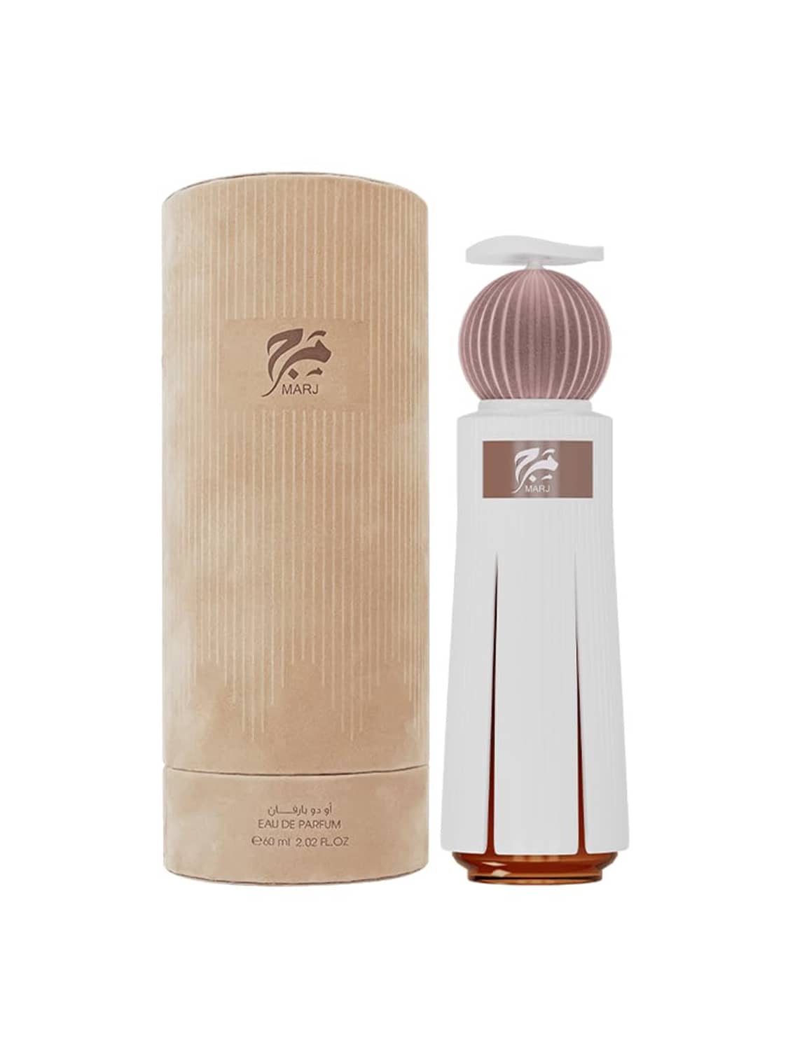 Unisex extrait de parfum spray bottle and tan cylindrical box, white bottle with rose-pink cap