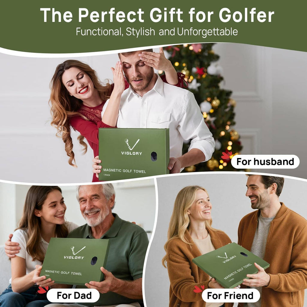 Green gift box packaging for grey magnetic golf towel with magnetic holder