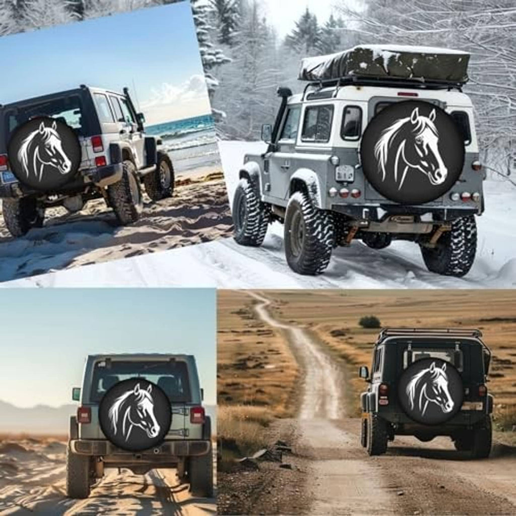 Black spare tire cover with white horse emblem mounted on two off-road vehicles