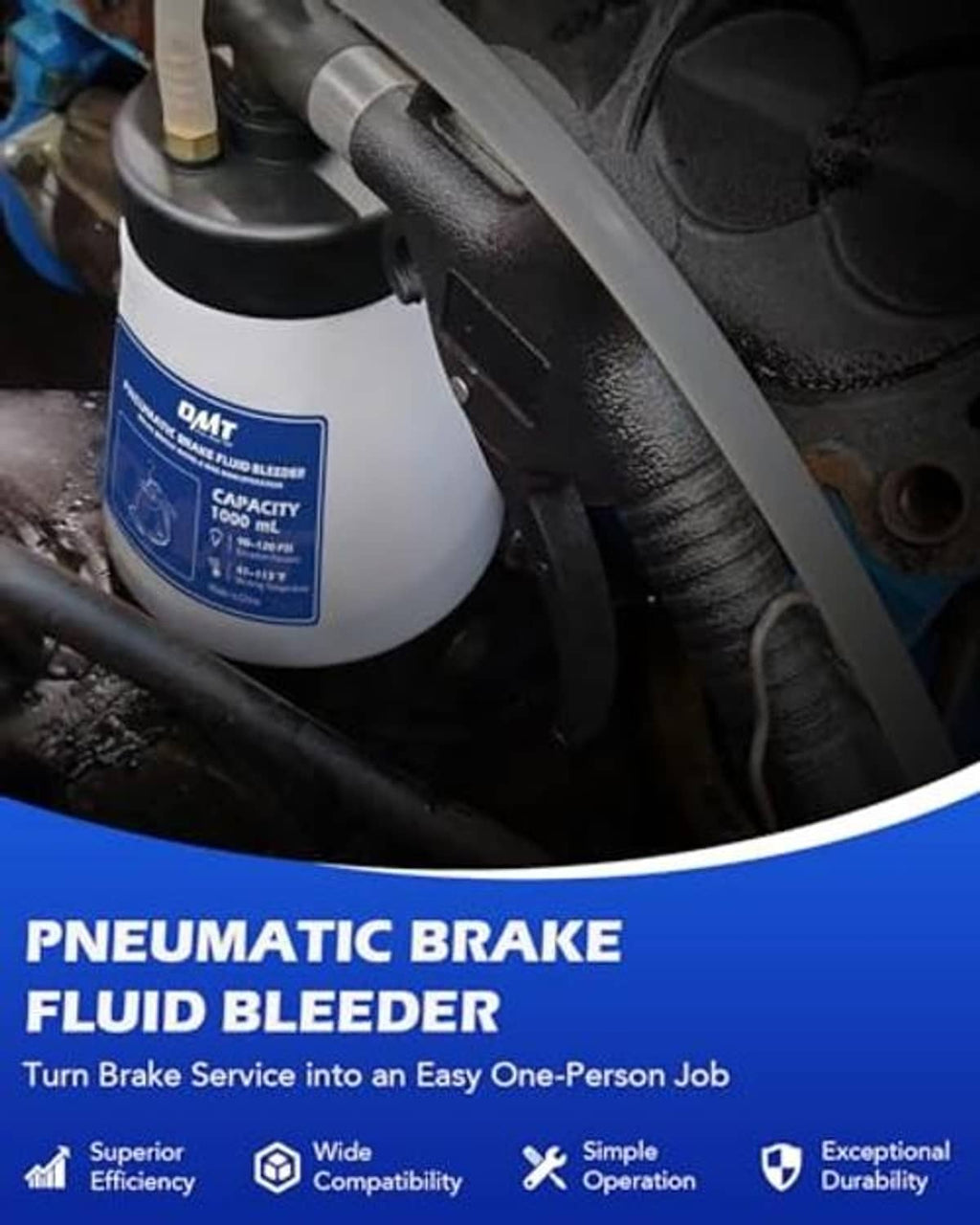 Pneumatic brake bleeder unit with white reservoir, black hose, and adapter near engine