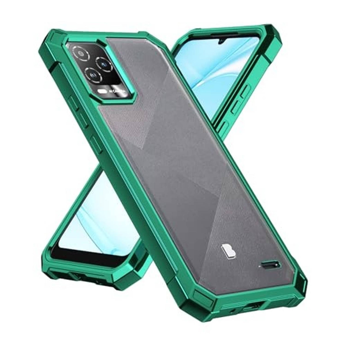 Green and clear rugged phone case with textured back and front screen guard