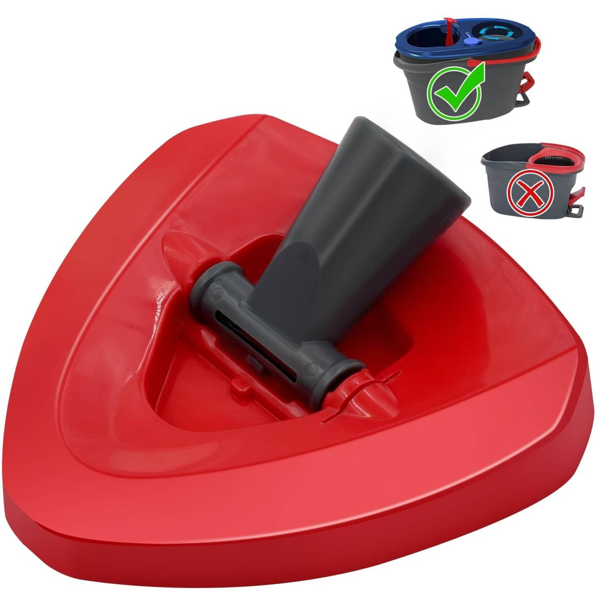 Red plastic spin mop replacement base with black connector and handle socket
