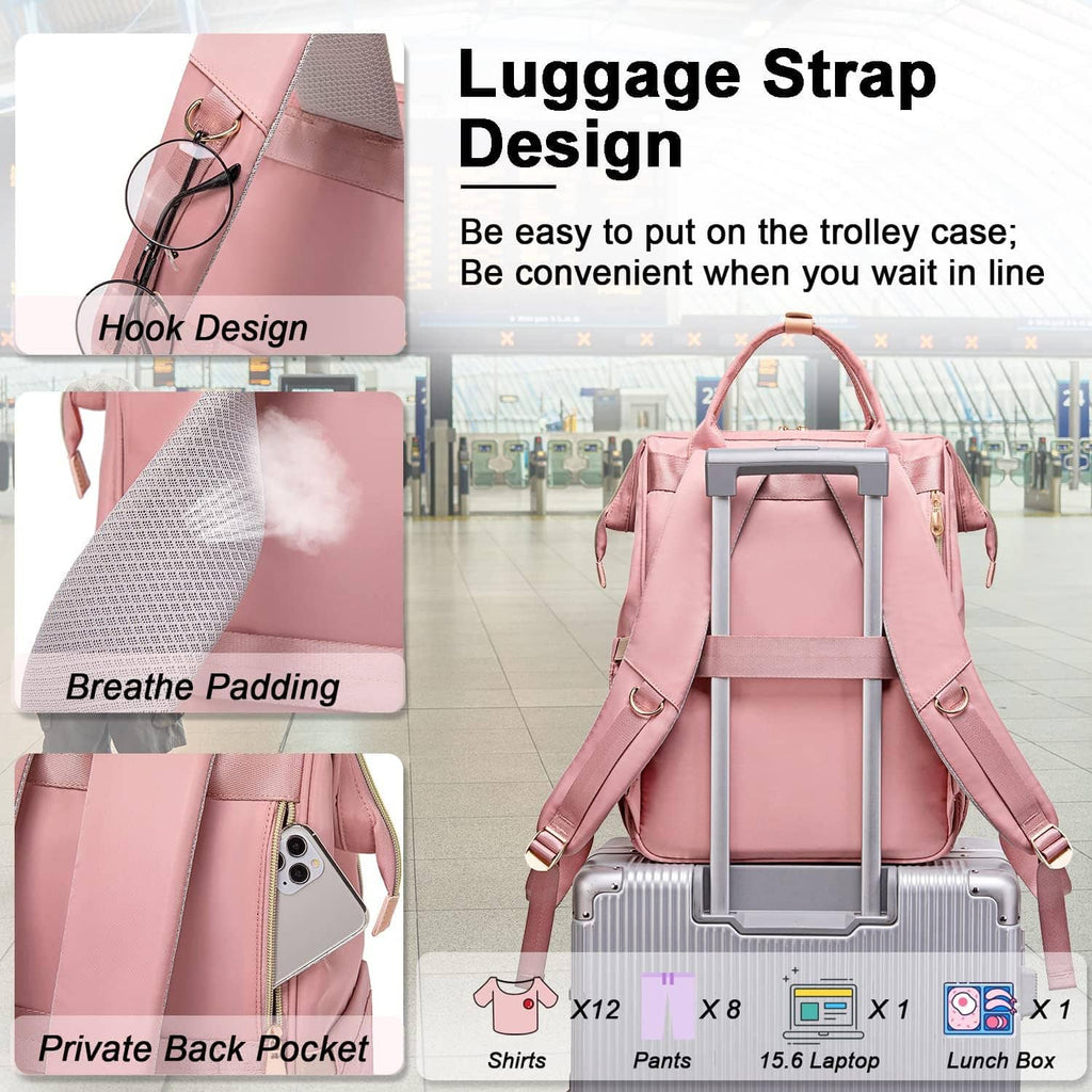 Pink lunch backpack with trolley strap, breathable padding, and back zip pocket