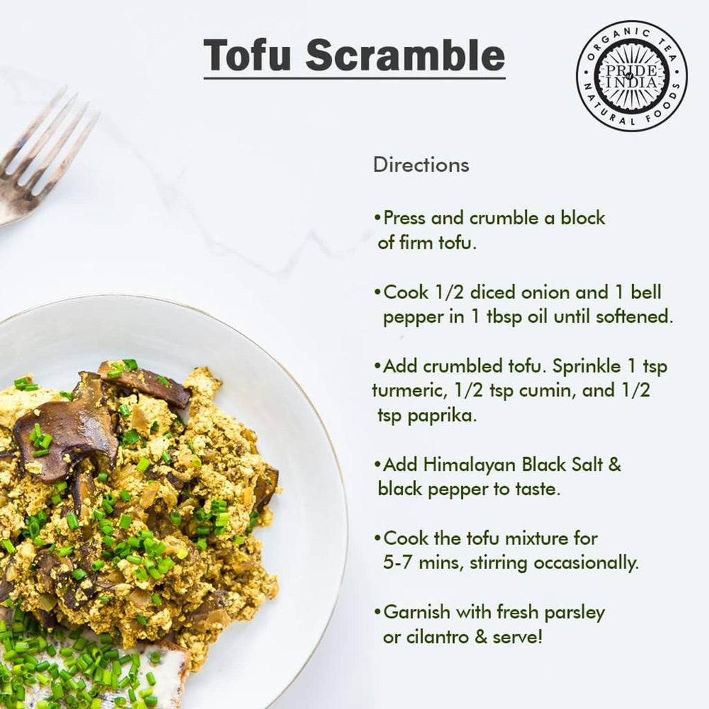 Tofu scramble in a white bowl with garnish; recipe directions shown above