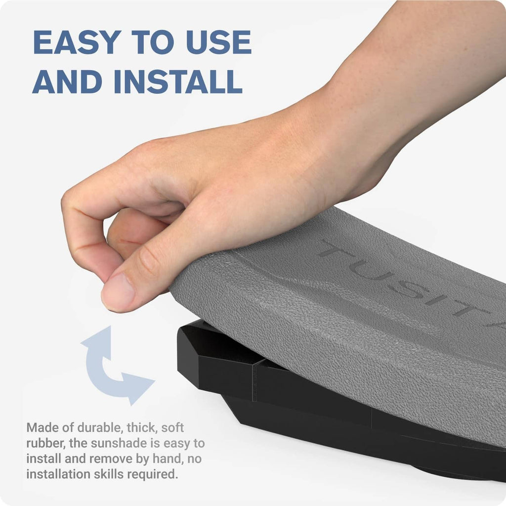 Gray protective cover being pushed into place, textured surface with embossed logo