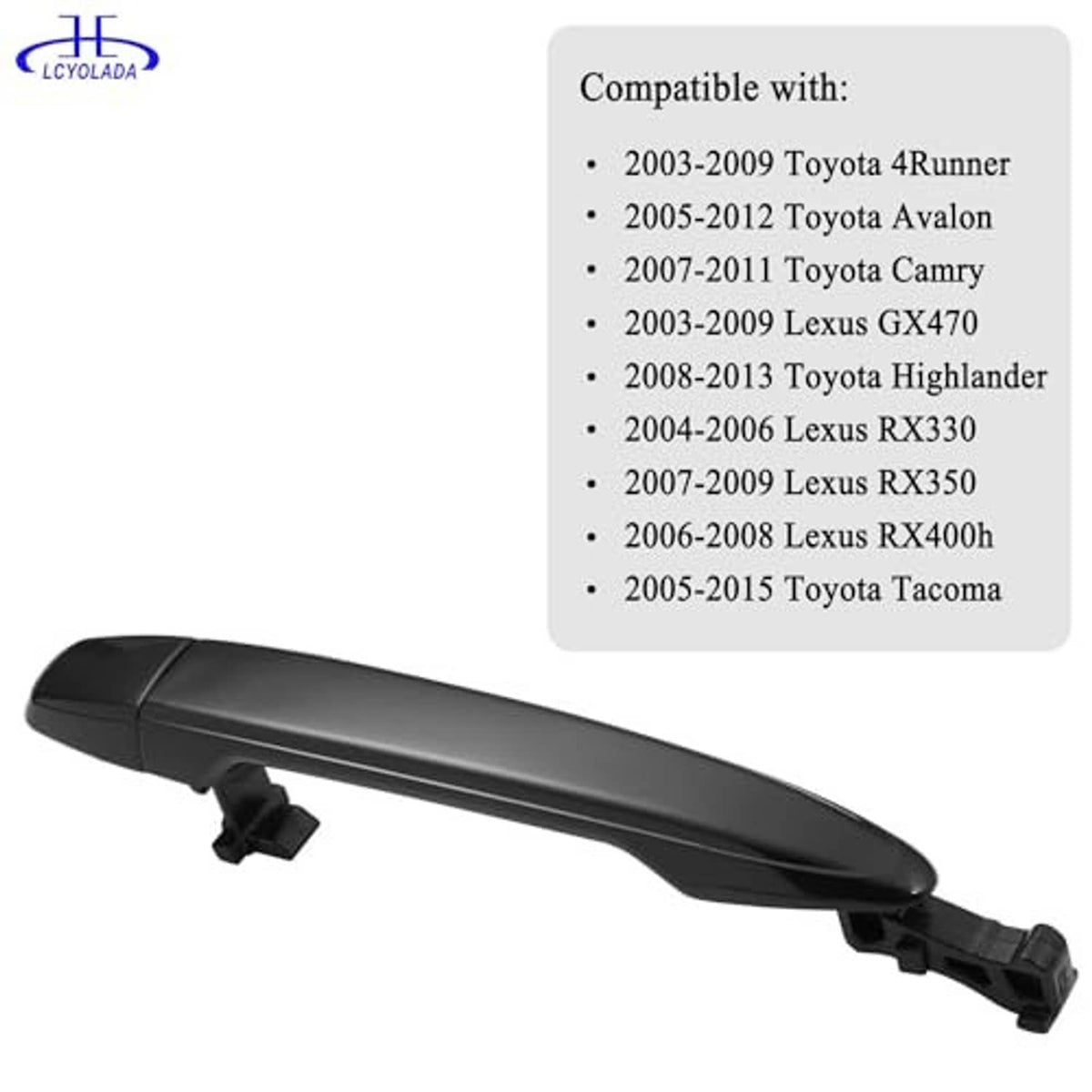 Black exterior door handle with underside mounting tabs, front right passenger