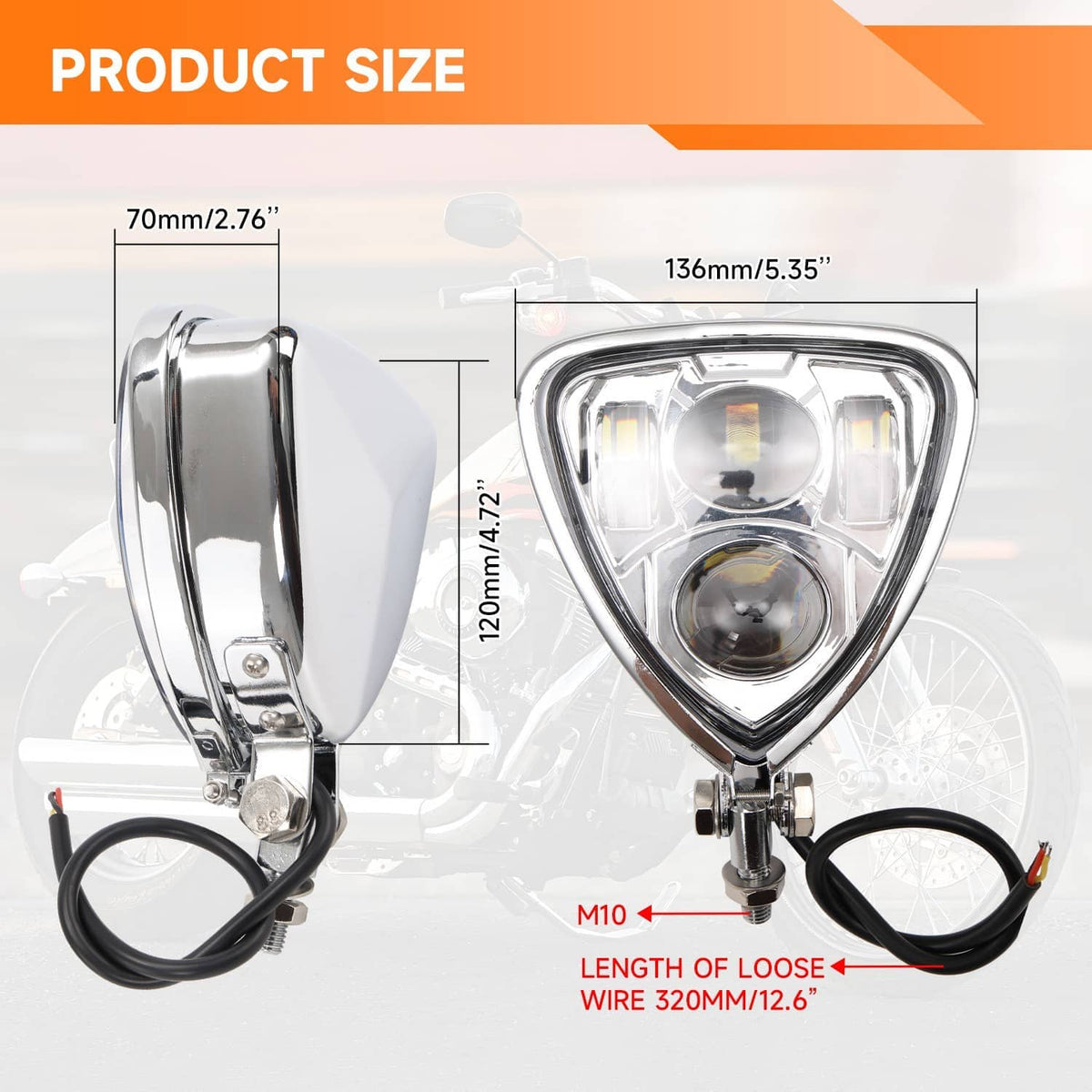 Triangular front headlight with chrome housing; shows size diagram and M10 wire length.