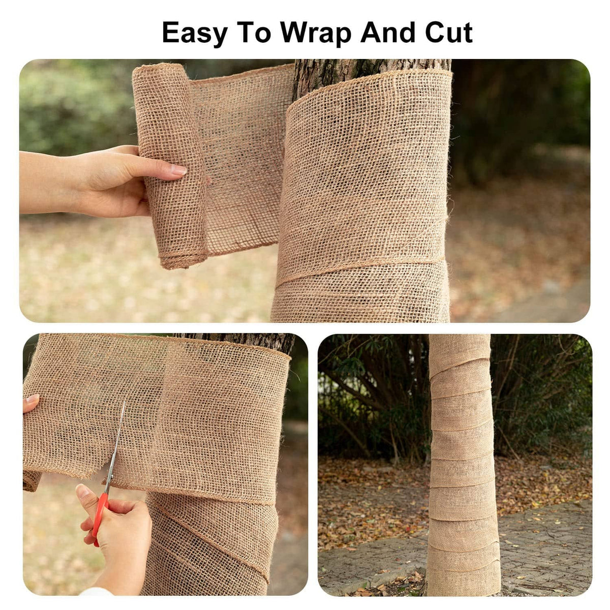 Burlap tree wrap being cut and wrapped around a trunk, tan woven fabric