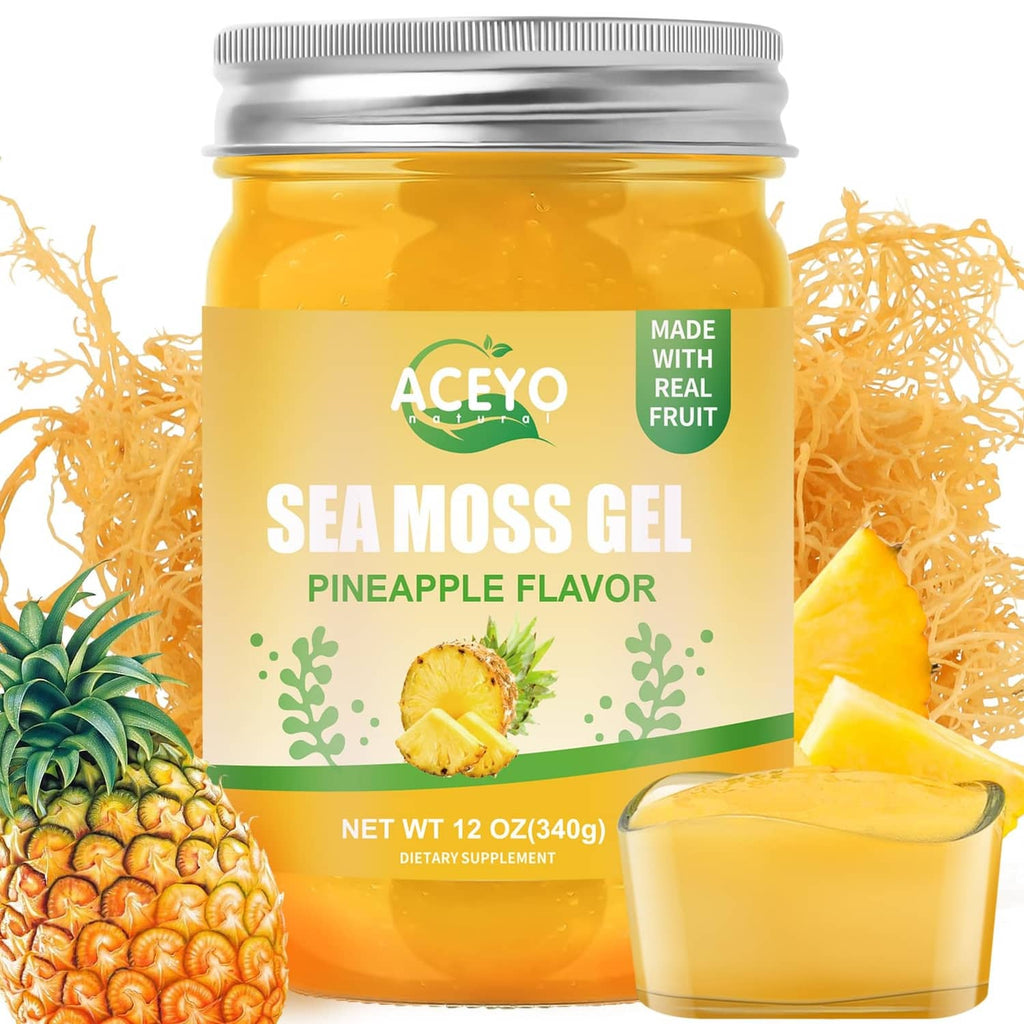 Sea moss gel jar, ACEYO pineapple flavor, yellow gel with metal screw lid
