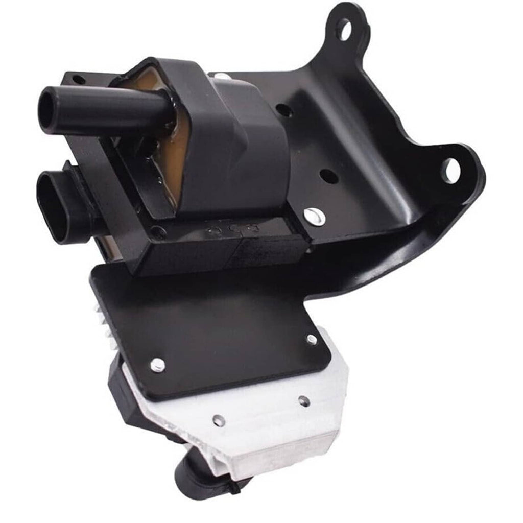 Black ignition coil module with curved housing and integrated mounting feet