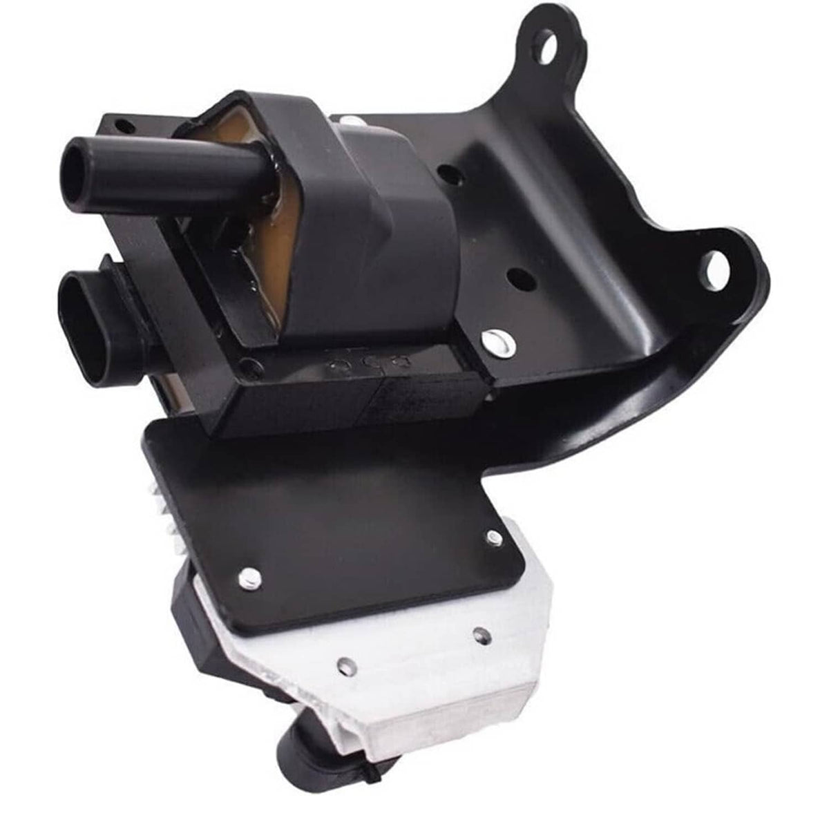 Black ignition coil module with curved housing and integrated mounting feet