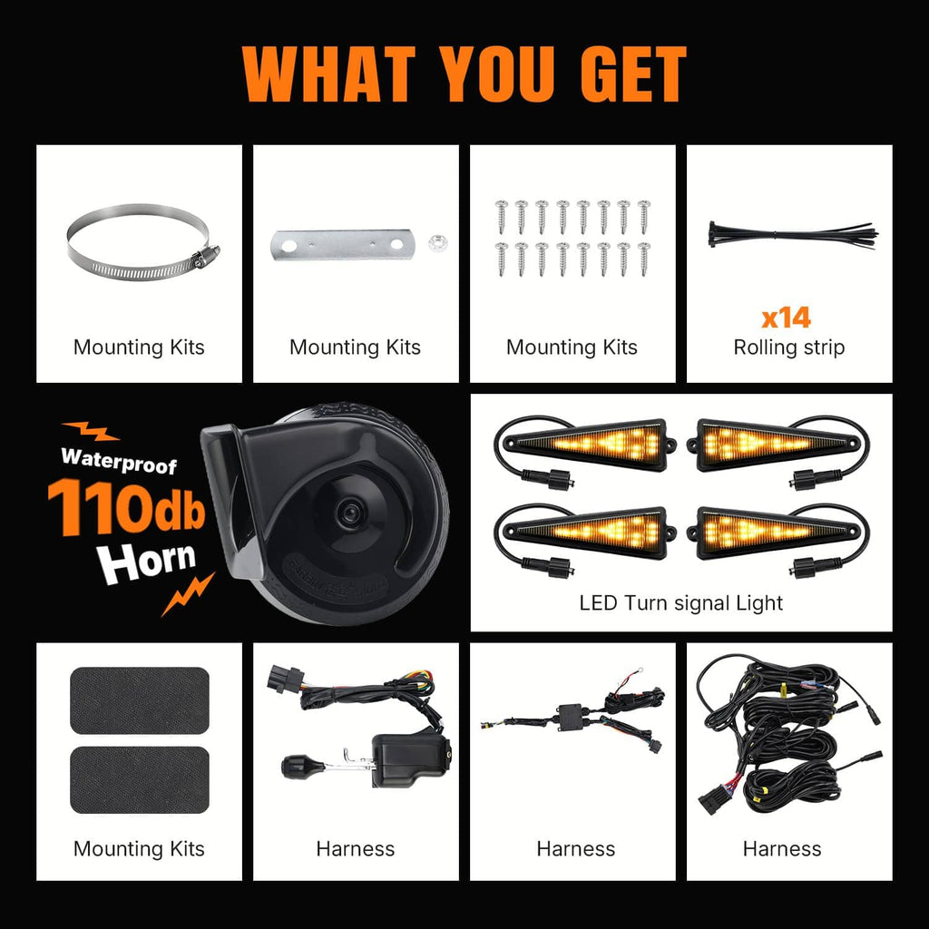 UTV turn signal kit contents: mounting kits, rolling strip, wiring harness, horn, LEDs