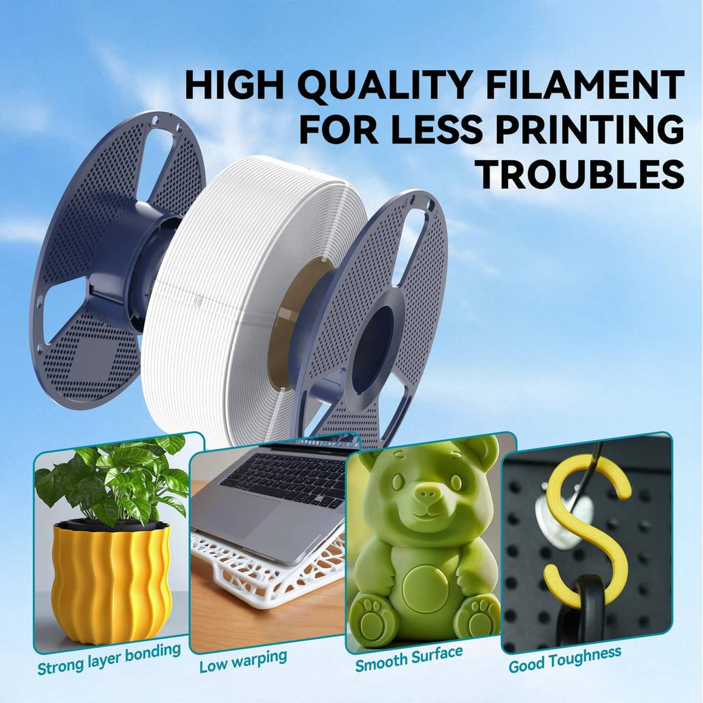 PLA 3D filament spools in white and black with circular perforated reel sides