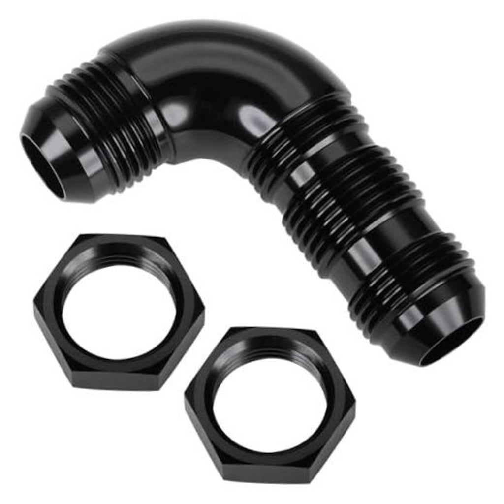 Black 90-degree flare fitting adapter with male threaded ends and two hex nuts