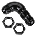 Black 90-degree flare fitting adapter with male threaded ends and two hex nuts