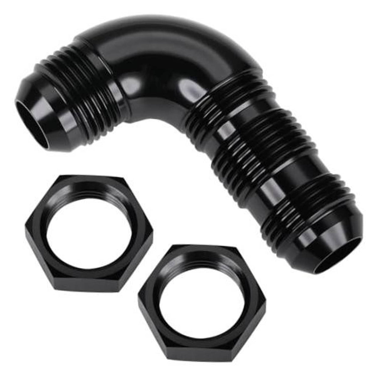 Black 90-degree flare fitting adapter with male threaded ends and two hex nuts