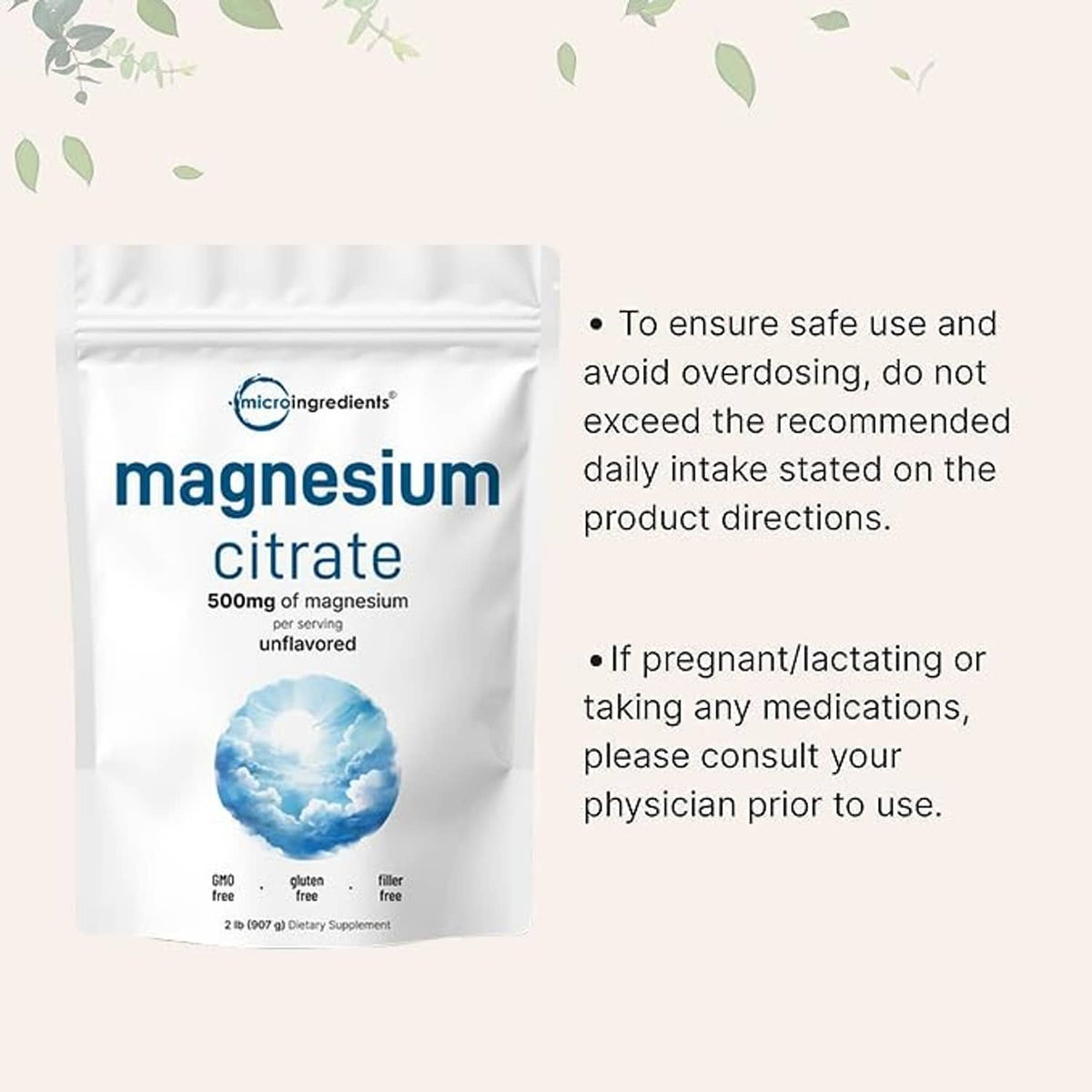 Magnesium citrate powder supplement pouch with usage and warning instructions