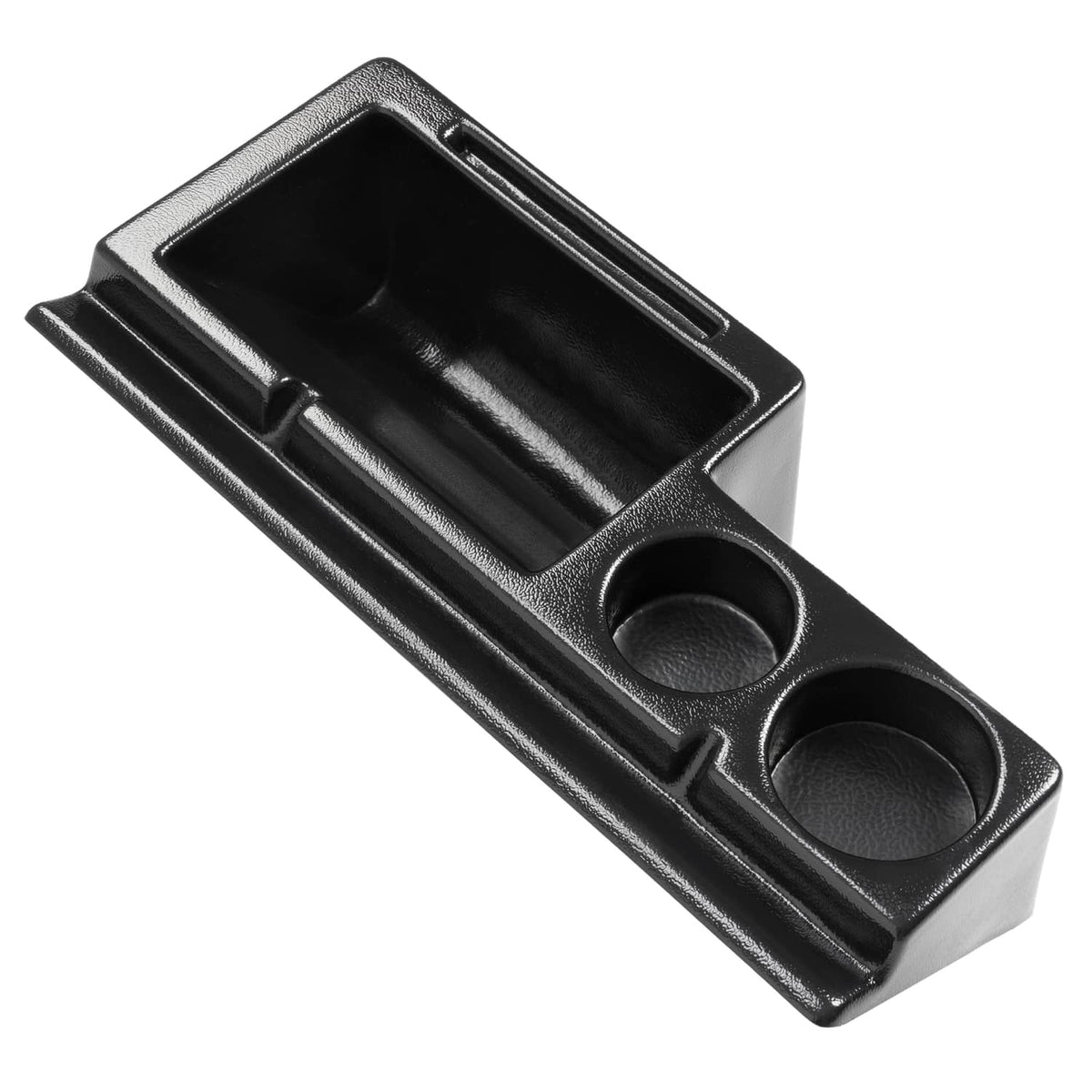 Black 18 inch cab caddie tray with two beverage cup holders and molded compartments