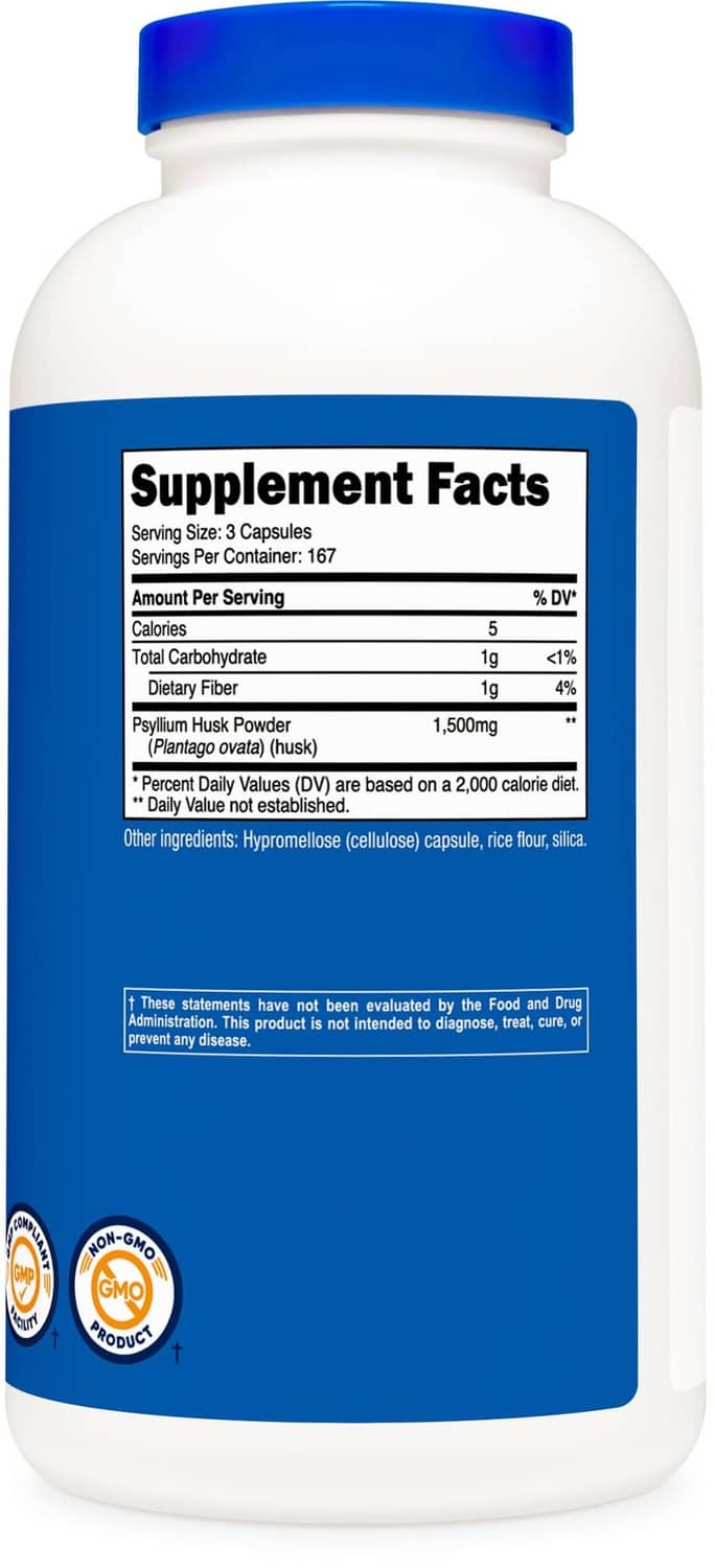 Supplement Facts panel on bottle: 1,500mg psyllium husk powder, 1g dietary fiber, 167 servings