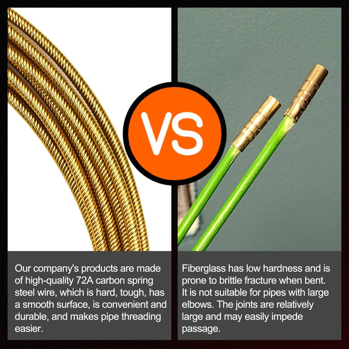 Gold fish tape comparison view showing gold coil and bundled green fiberglass rod.