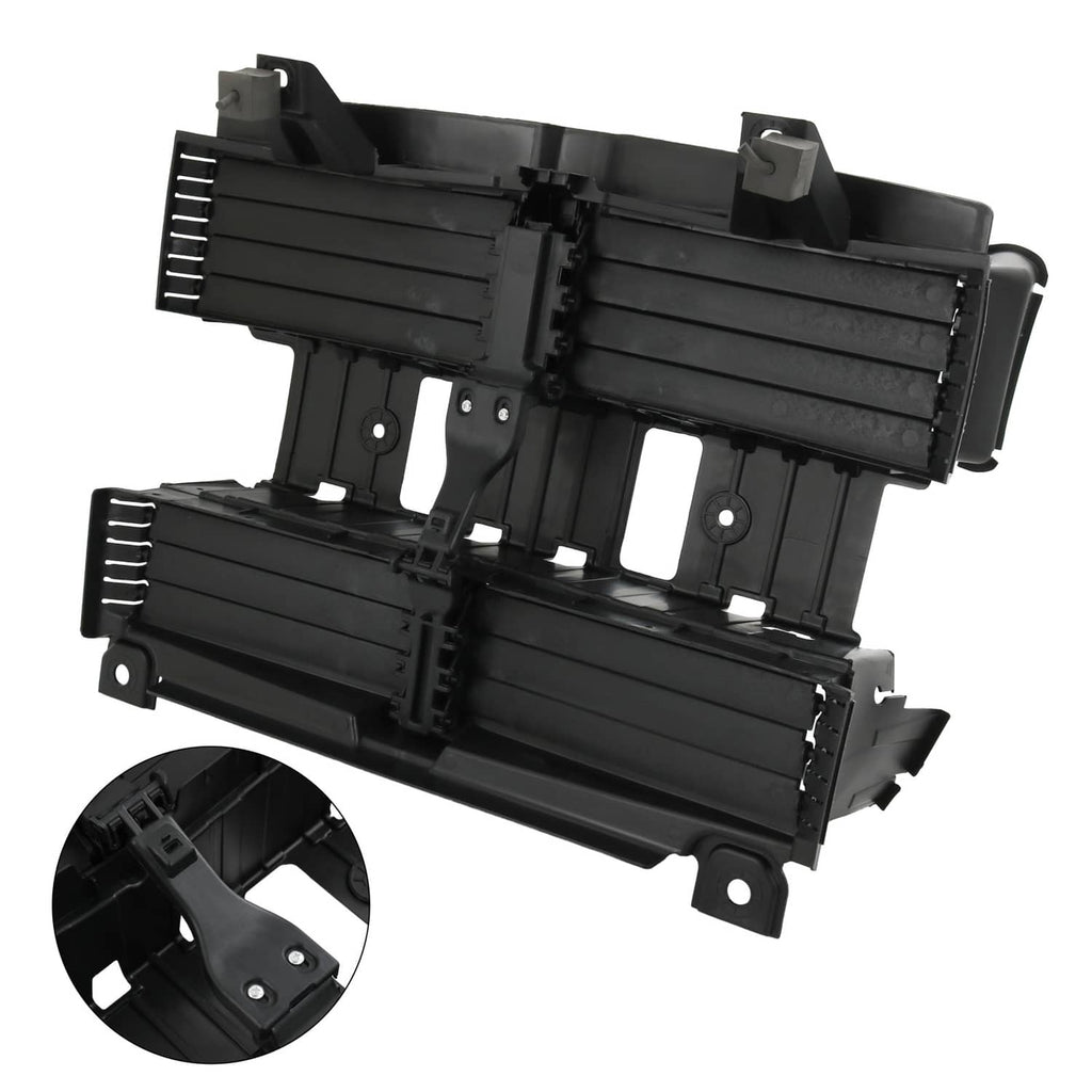 Front radiator shutter assembly housing with motor, black plastic, mounting brackets