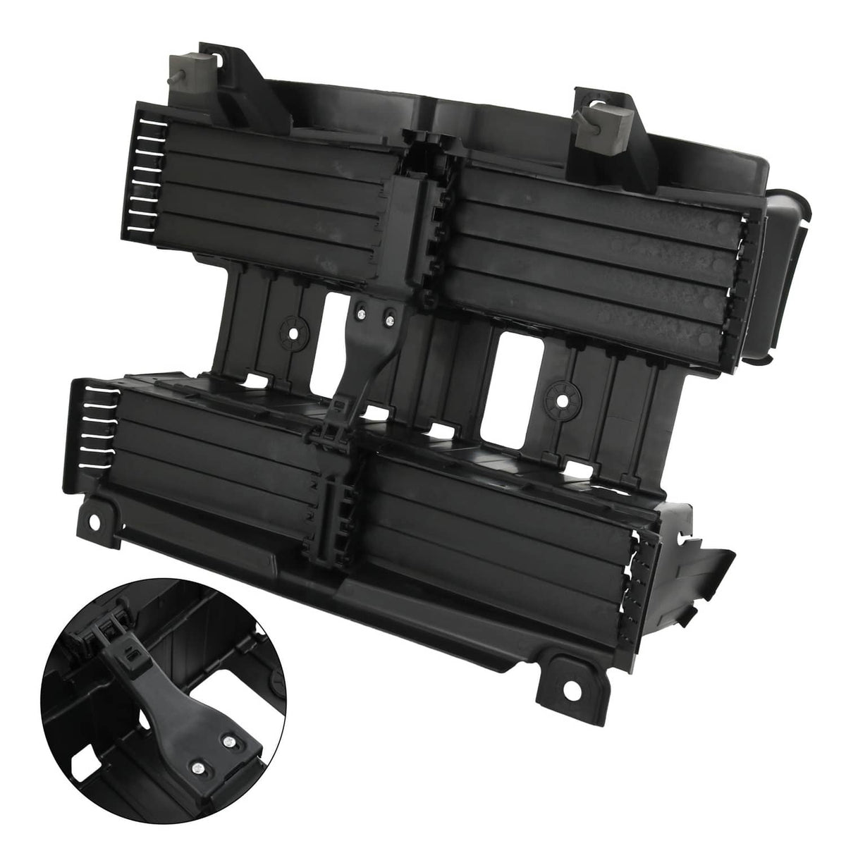 Front radiator shutter assembly housing with motor, black plastic, mounting brackets