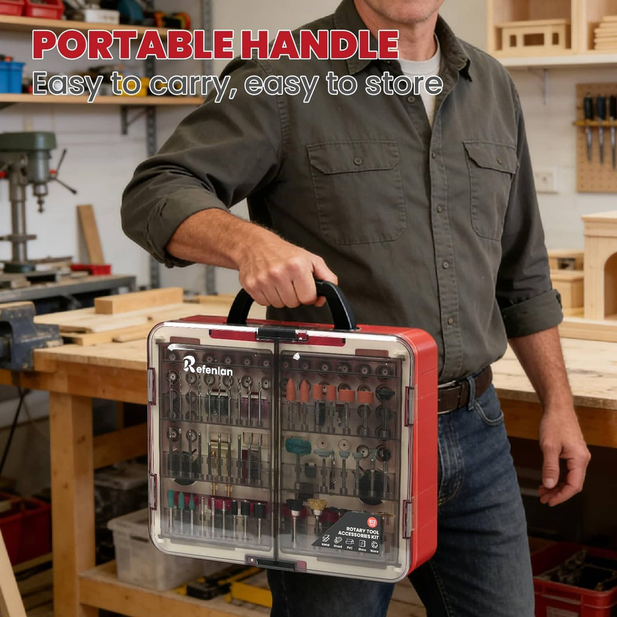 Portable rotary tool accessories kit case with carrying handle for easy storage