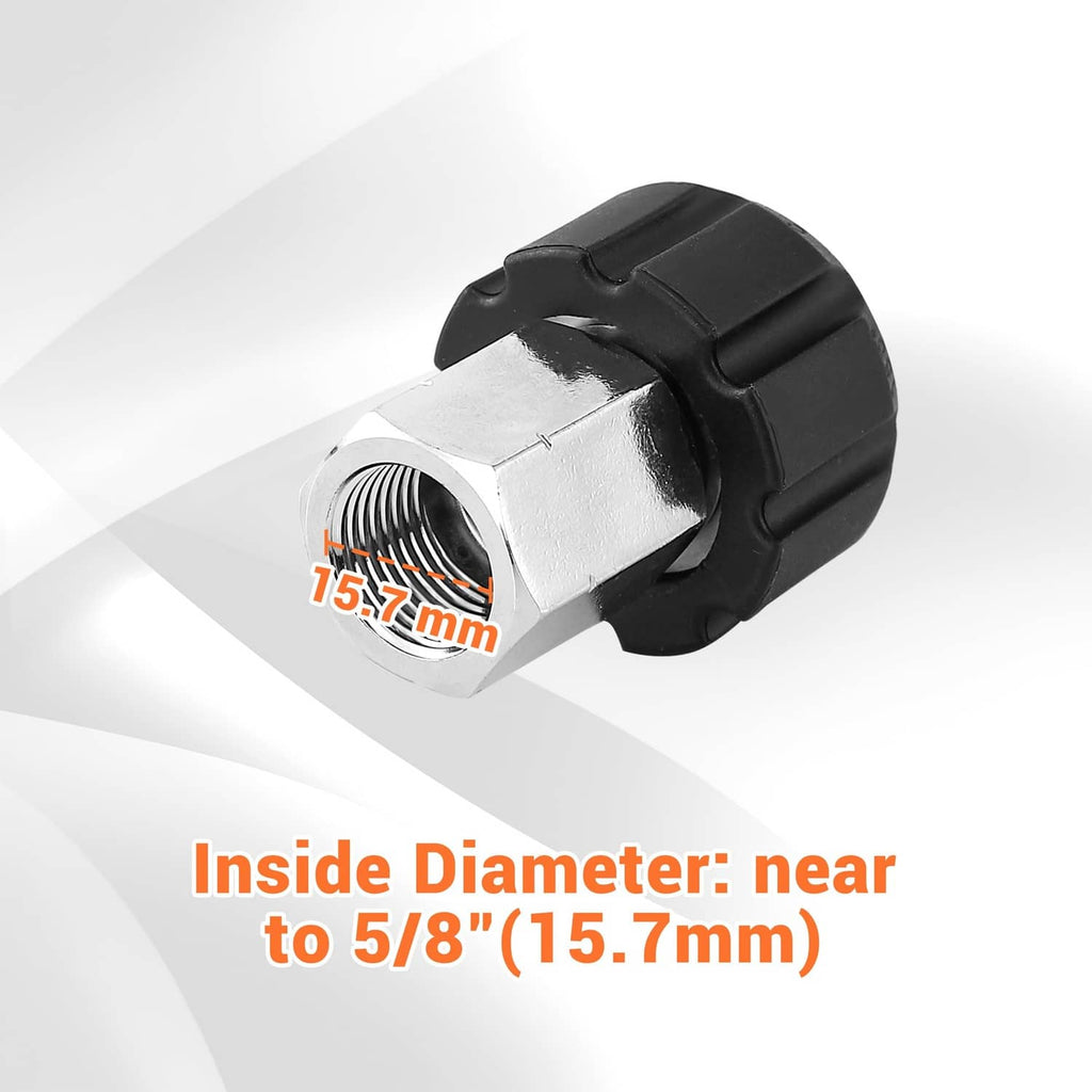 Pressure washer adapter with black collar and silver hex connector opening