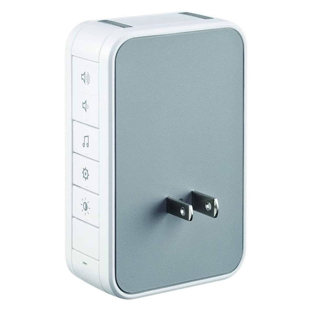 Gray plug-in wireless doorbell chime with two-prong plug and button icons