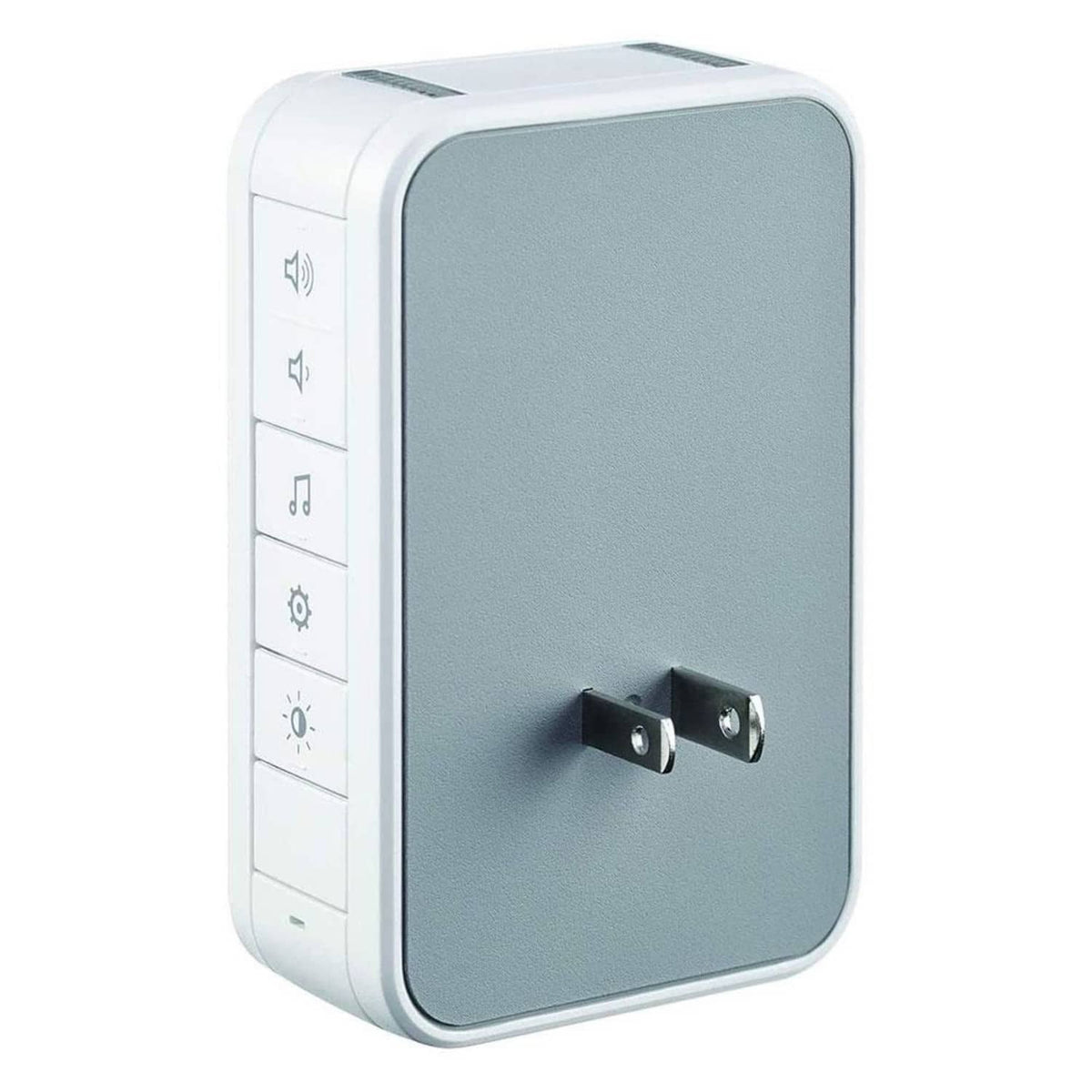 Gray plug-in wireless doorbell chime with two-prong plug and button icons