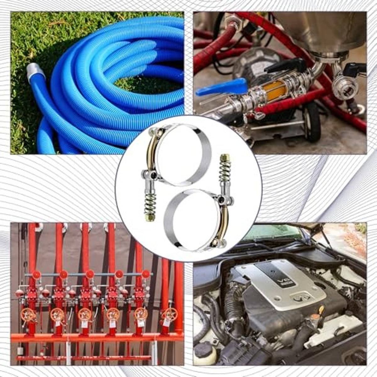 T-bolt hose clamps securing hoses on outdoor and mechanical connections