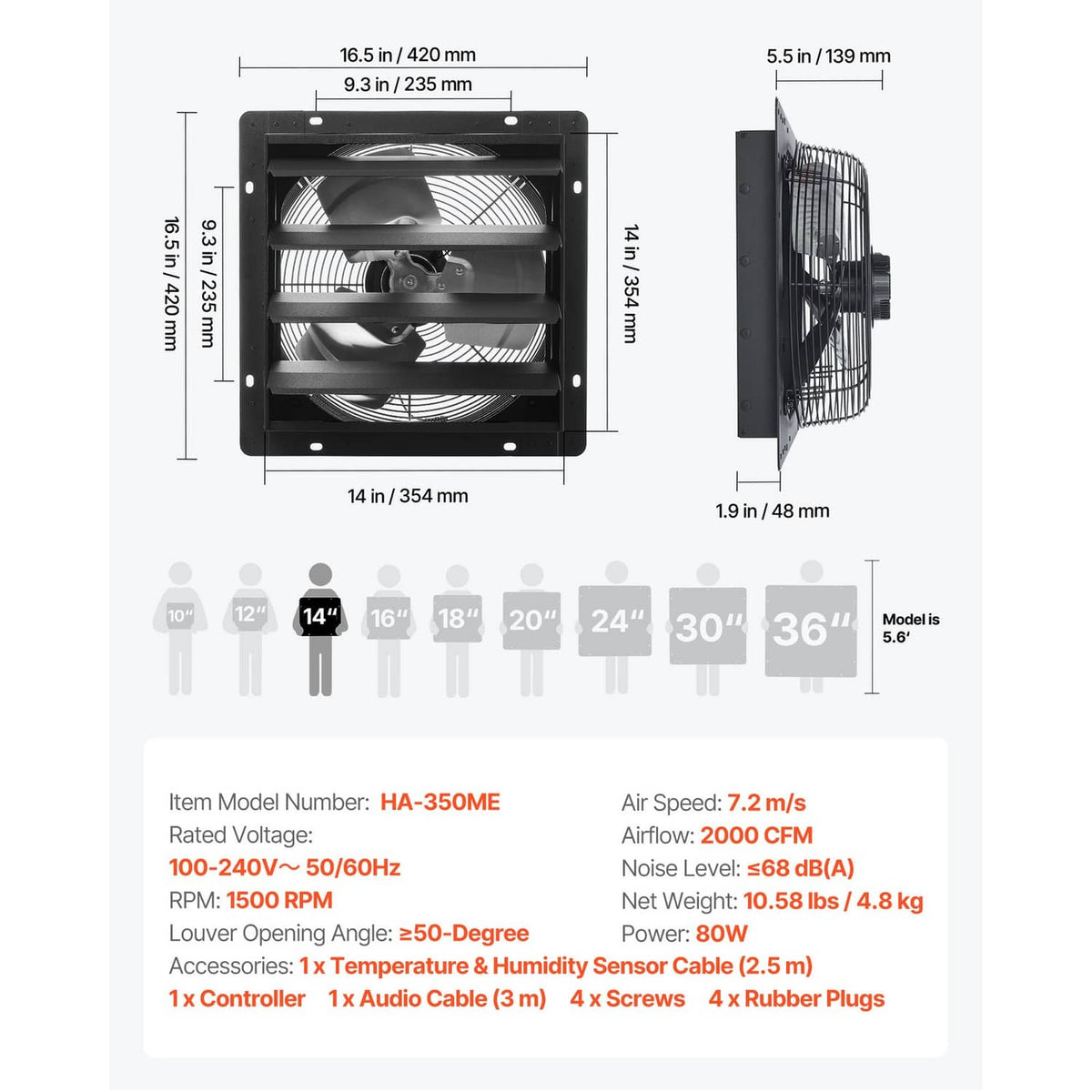 Wall-mounted shutter exhaust fan dimension diagram with front and side measurements