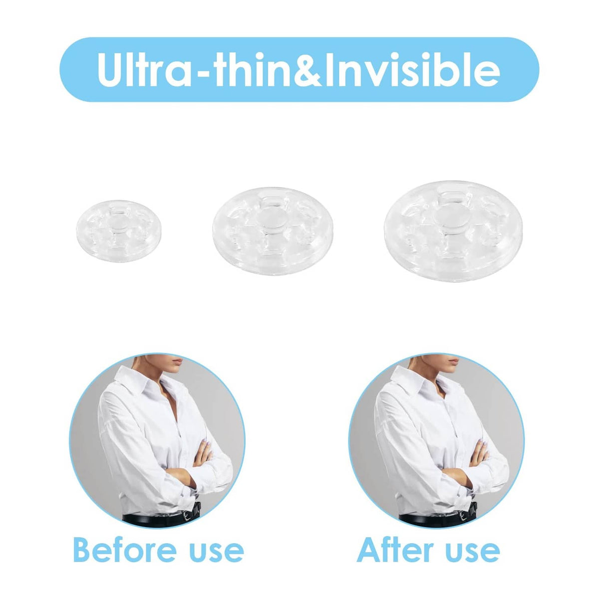 Ultra-thin transparent plastic sew-on snap fastener discs, three shown