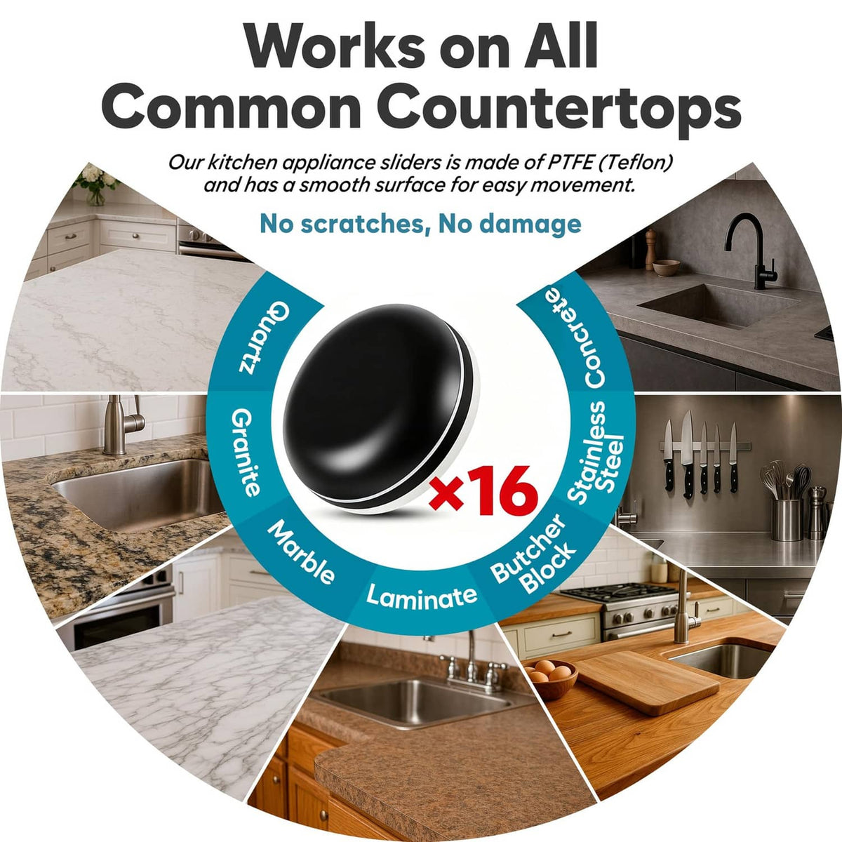16-pack of black round appliance slider pads for protecting countertops while moving appliances