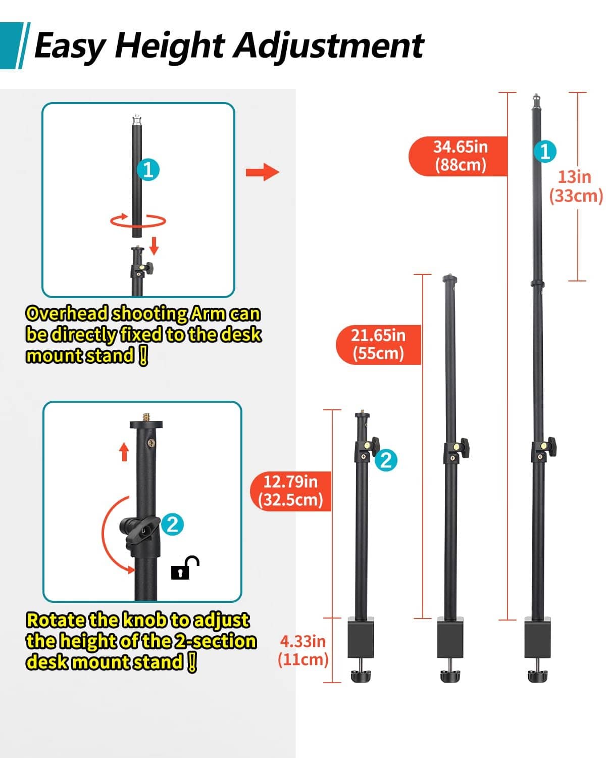 Adjustable height overhead shooting arm desk mount, black clamp base.
