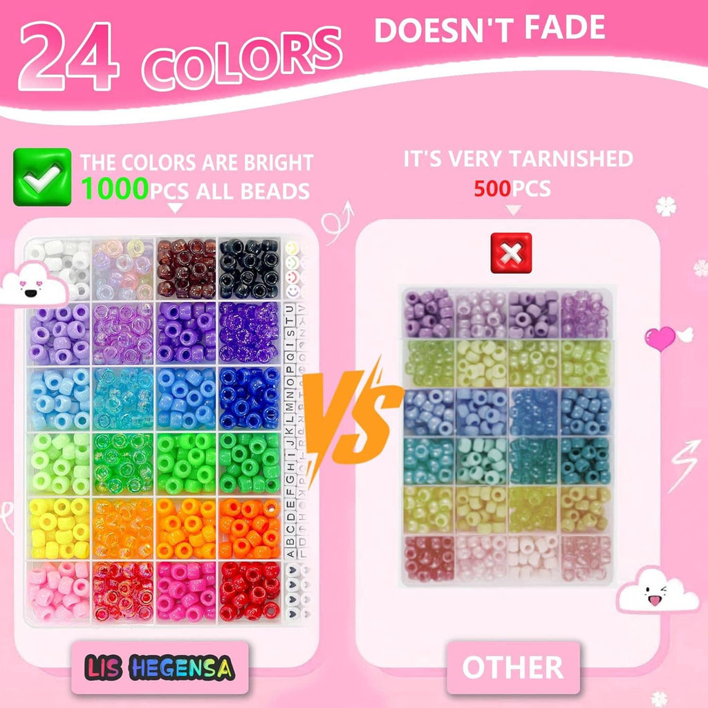 24-color pony beads set with assorted bead mixes arranged in two panels