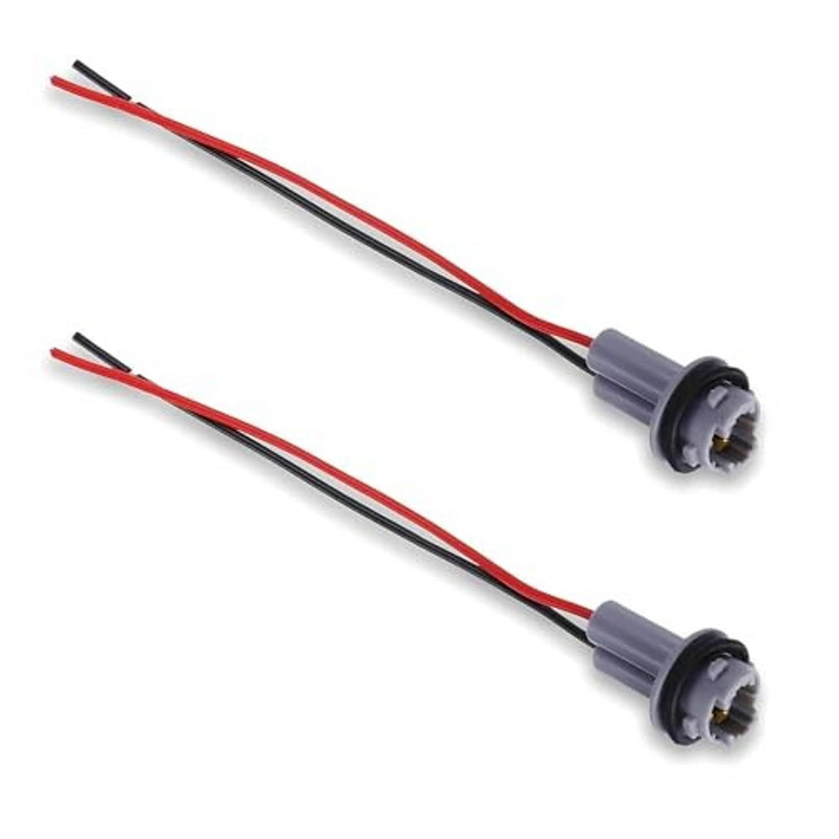 Pair of gray pigtail bulb sockets with red and black wires, end view