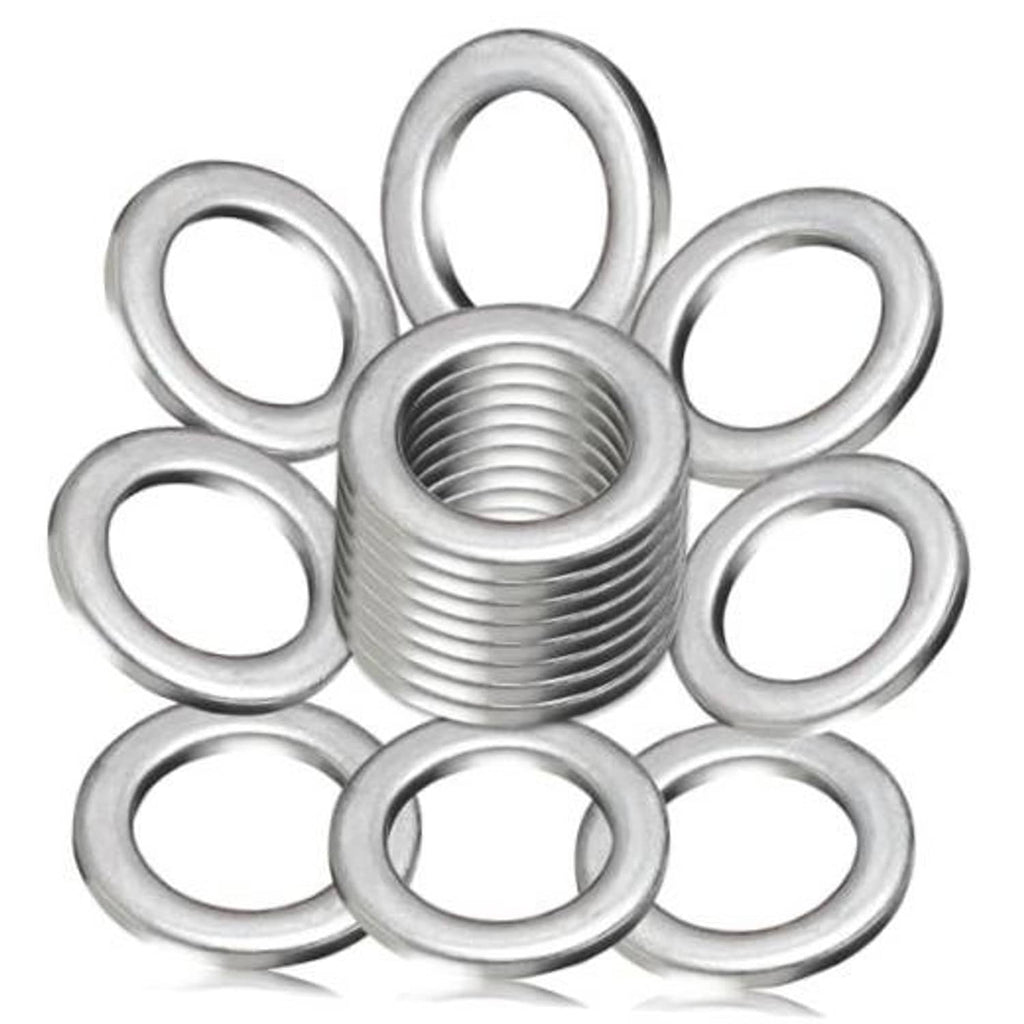 Oil drain plug gasket washers set, 8 silver metal rings with center threaded insert
