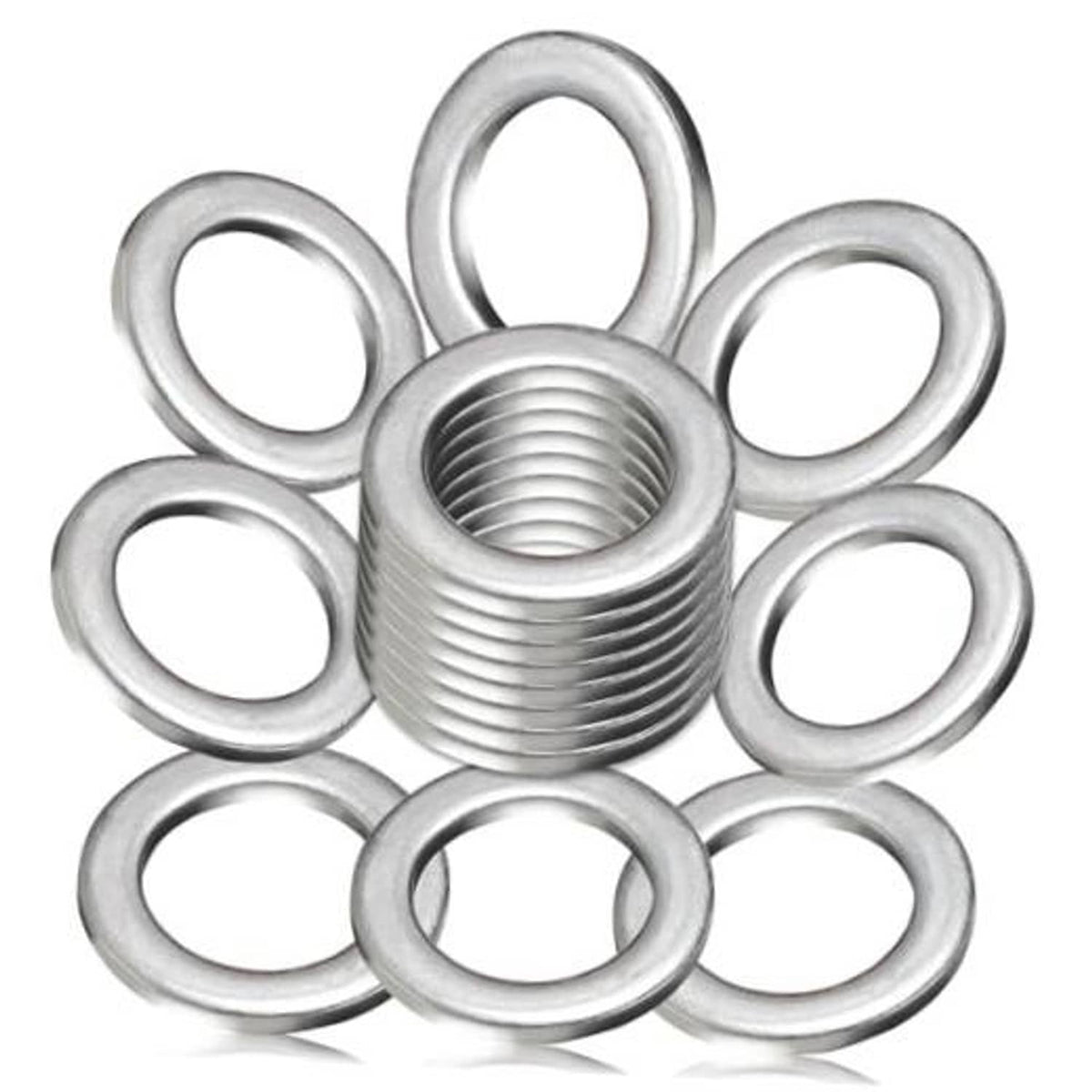 Oil drain plug gasket washers set, 8 silver metal rings with center threaded insert